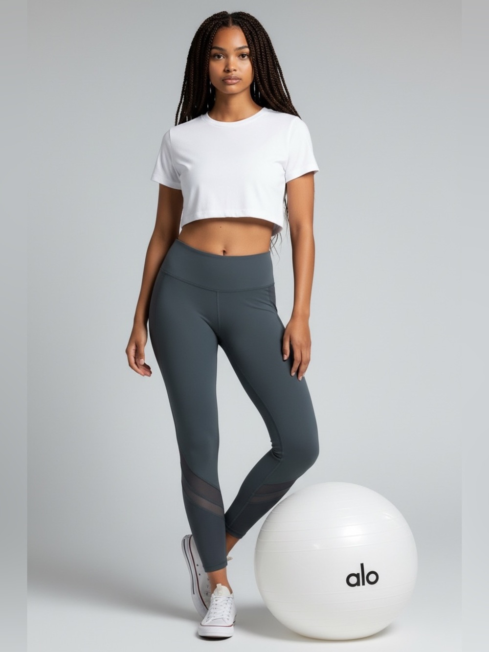 ALO Yoga 7/8 High Tempo High-Waist Grey Mesh-Panel Active Leggings